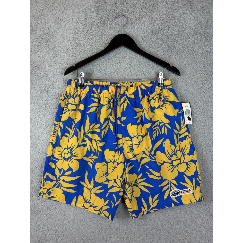 Nautica Swim Trunks Mens Large Blue Yellow Floral Tropical Wakeboarding Men New